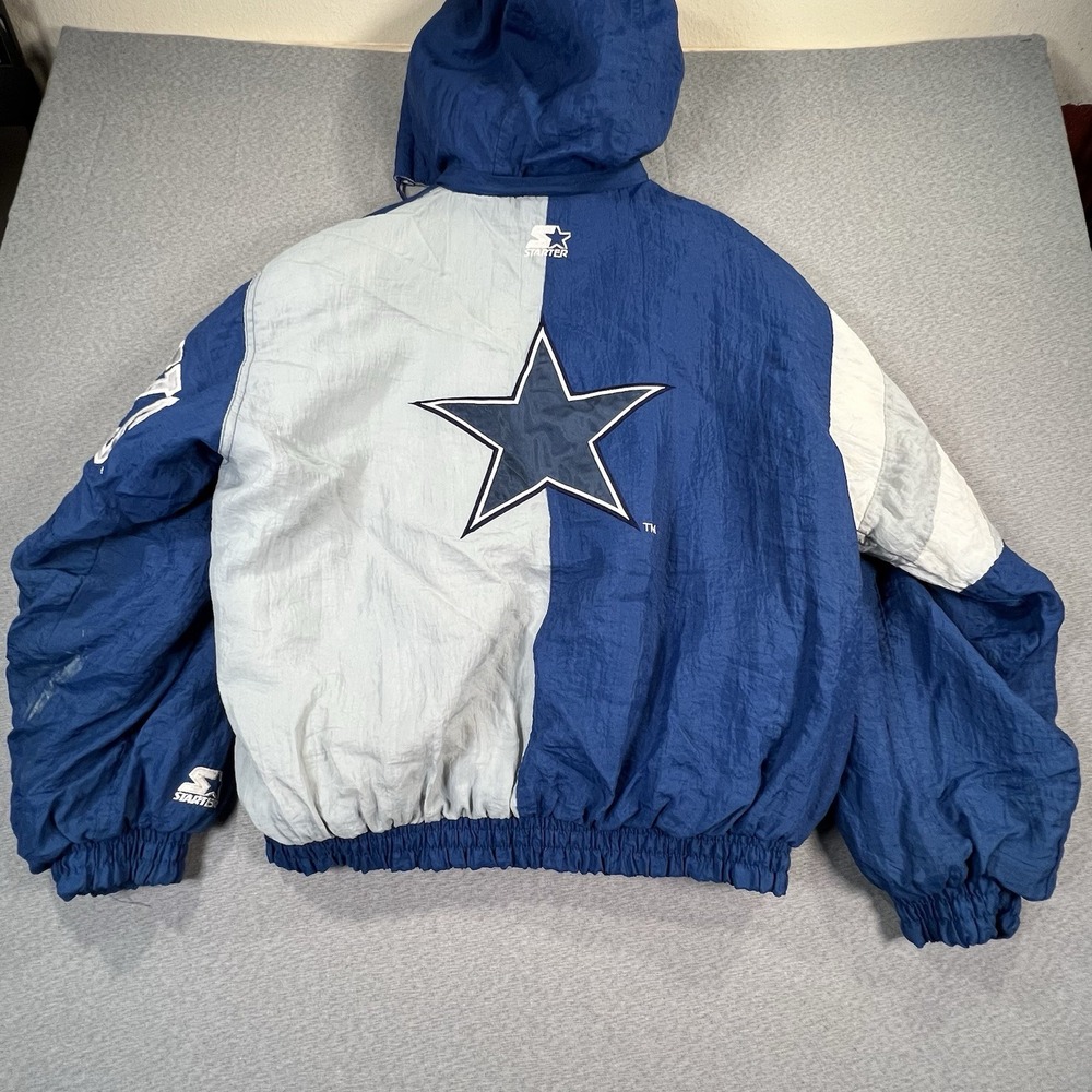 VTG 90s NFL DALLAS COWBOYS STARTER PUFFER JACKET HOODIE SIZE L BLUE